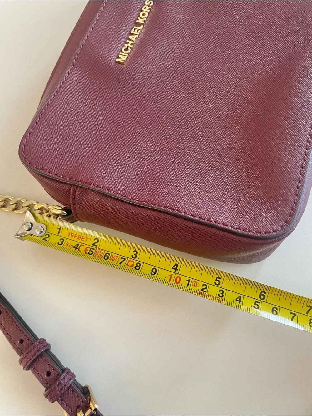 Michael Kors Oxblood Saffiano Leather Crossbody Purse Gold Chain Burgundy